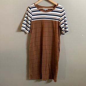 Knee length striped dress.